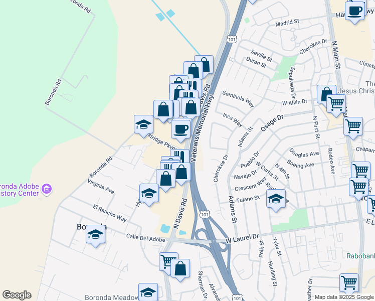 map of restaurants, bars, coffee shops, grocery stores, and more near 1950 North Davis Road in Salinas