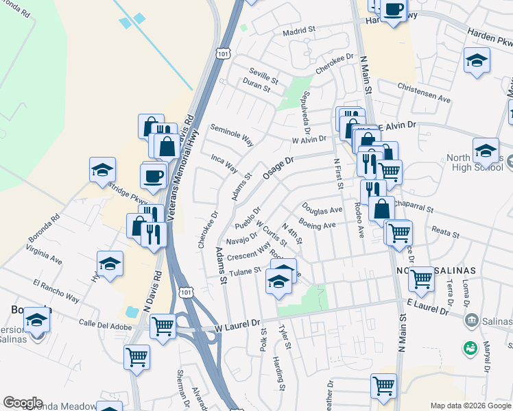 map of restaurants, bars, coffee shops, grocery stores, and more near 344 Pueblo Drive in Salinas
