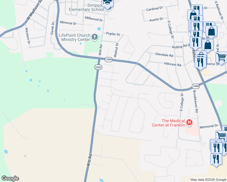 map of restaurants, bars, coffee shops, grocery stores, and more near 524 Rolling Road Drive in Franklin