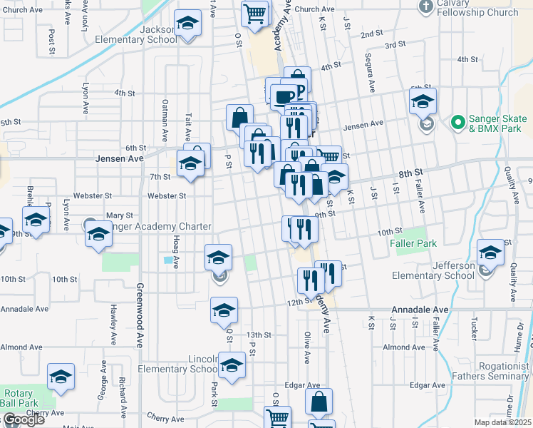 map of restaurants, bars, coffee shops, grocery stores, and more near 900 O Street in Sanger
