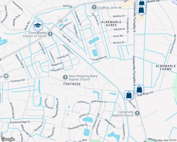 map of restaurants, bars, coffee shops, grocery stores, and more near 724 Albemarle Court in Chesapeake