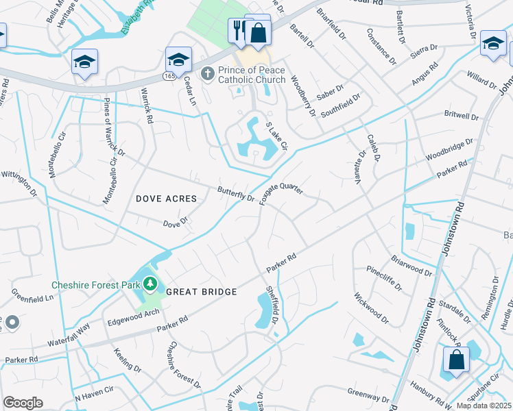 map of restaurants, bars, coffee shops, grocery stores, and more near 600 Foxgate Quarter in Chesapeake