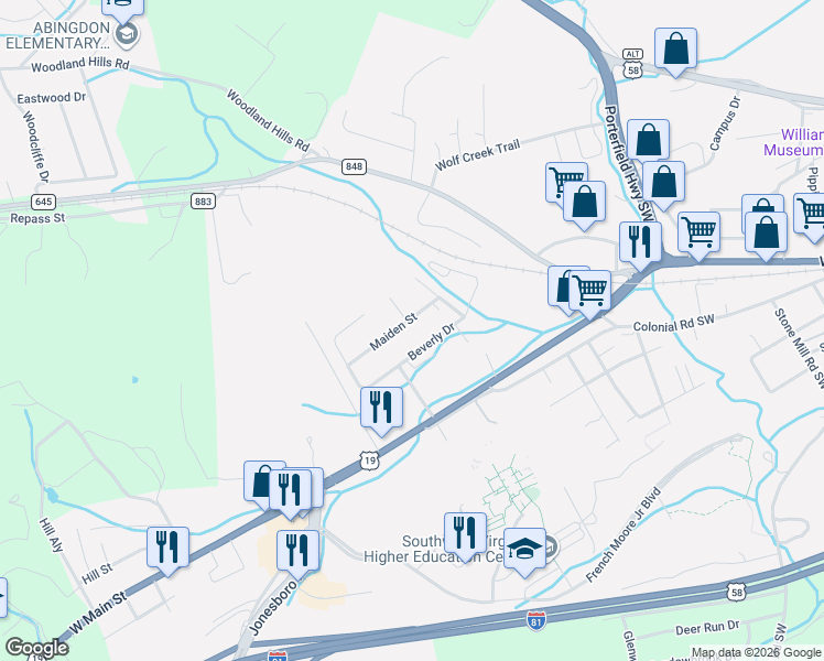 map of restaurants, bars, coffee shops, grocery stores, and more near 956 Beverly Drive Northeast in Abingdon