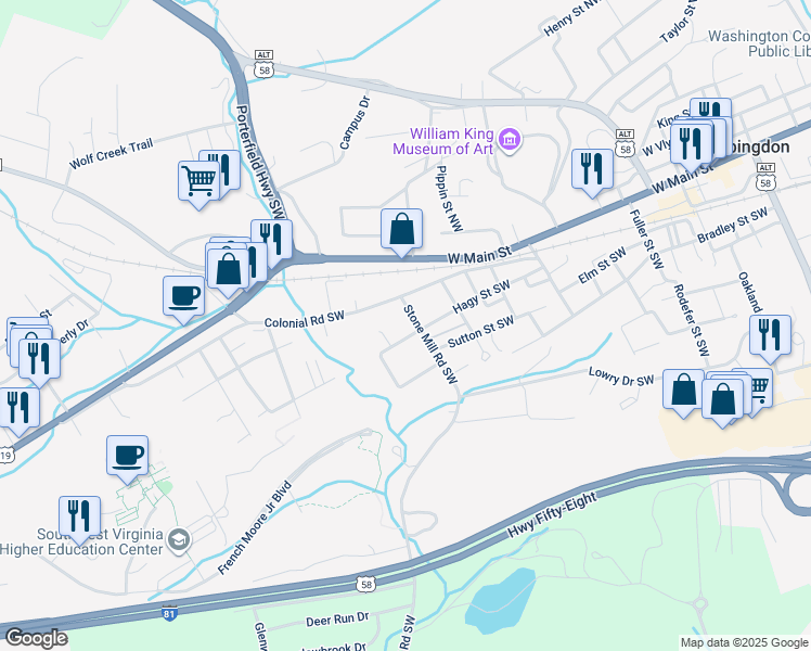 map of restaurants, bars, coffee shops, grocery stores, and more near 623 Hurt Street Southwest in Abingdon