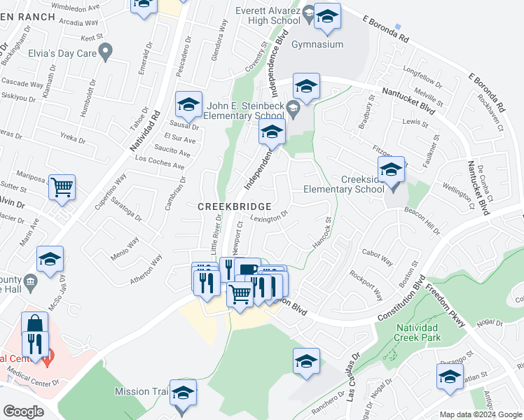 map of restaurants, bars, coffee shops, grocery stores, and more near 887 Canterbury Street in Salinas