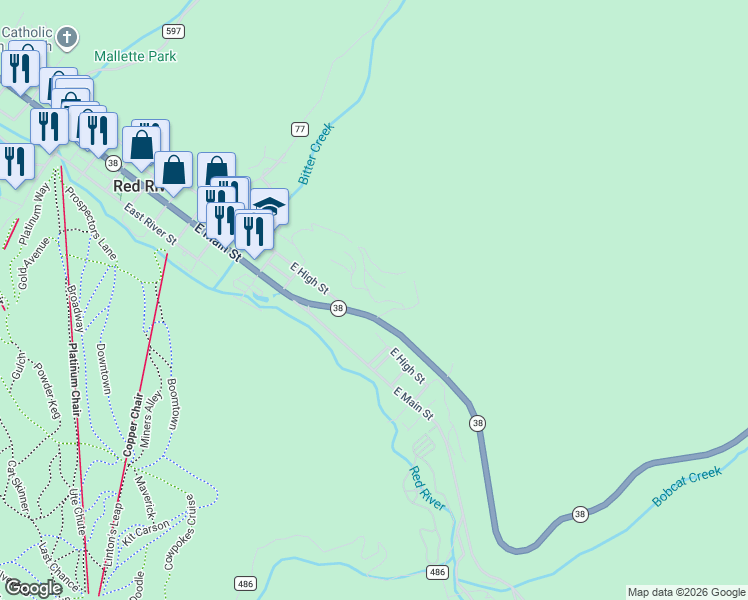 map of restaurants, bars, coffee shops, grocery stores, and more near East High Street in Red River