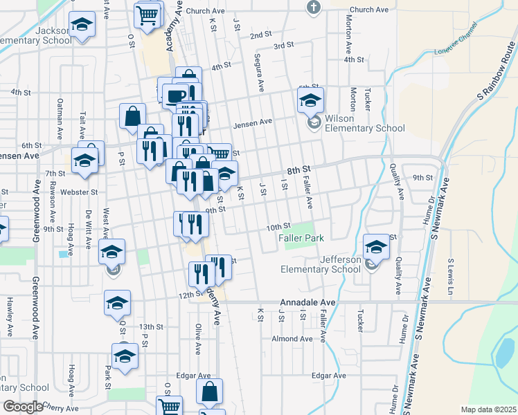 map of restaurants, bars, coffee shops, grocery stores, and more near 927 J Street in Sanger