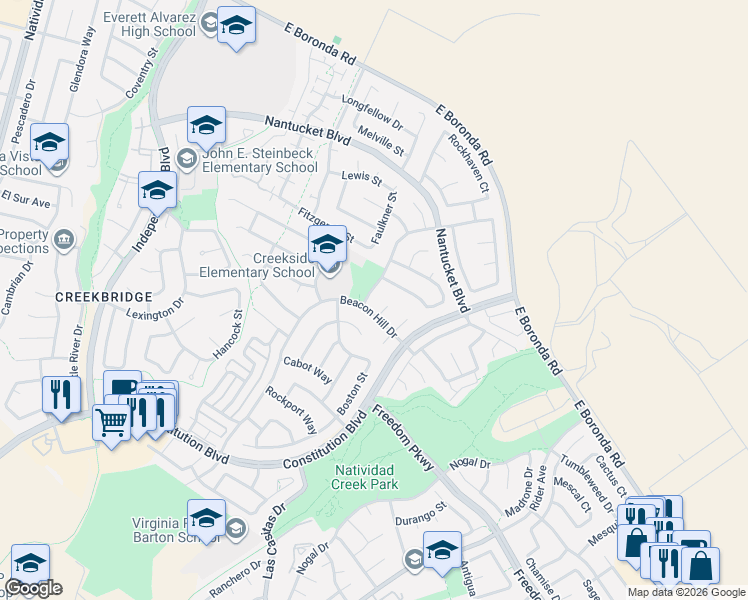 map of restaurants, bars, coffee shops, grocery stores, and more near 1768 Beacon Hill Drive in Salinas