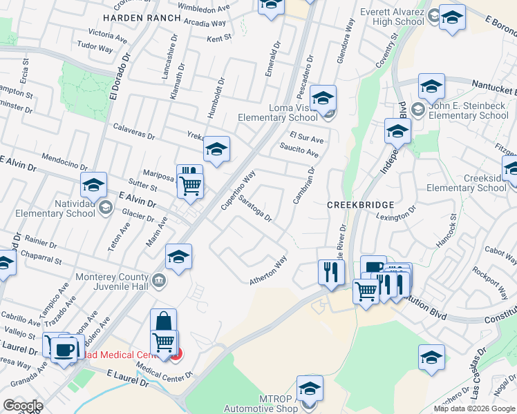 map of restaurants, bars, coffee shops, grocery stores, and more near 1555 Atherton Way in Salinas