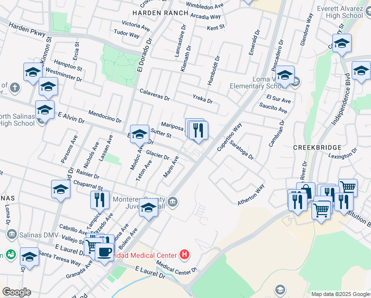 map of restaurants, bars, coffee shops, grocery stores, and more near in Salinas