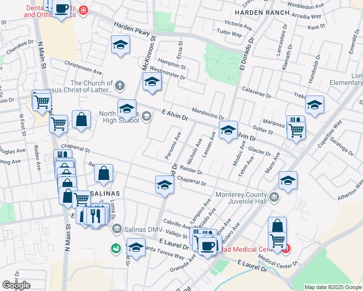 map of restaurants, bars, coffee shops, grocery stores, and more near 1435 Nichols Avenue in Salinas