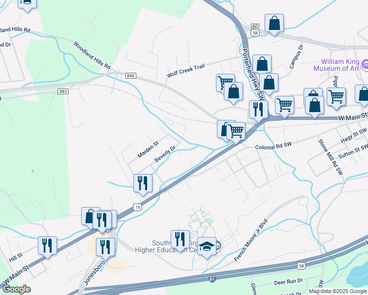 map of restaurants, bars, coffee shops, grocery stores, and more near 956 Beverly Drive in Abingdon