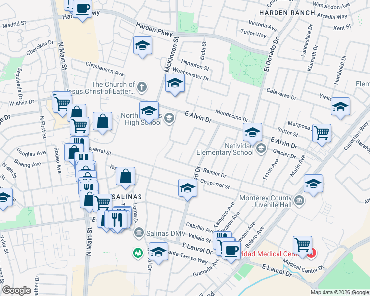 map of restaurants, bars, coffee shops, grocery stores, and more near 1421 Amador Circle in Salinas