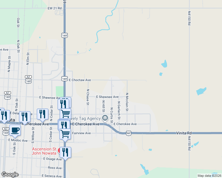 map of restaurants, bars, coffee shops, grocery stores, and more near 304 North Hill Street in Nowata
