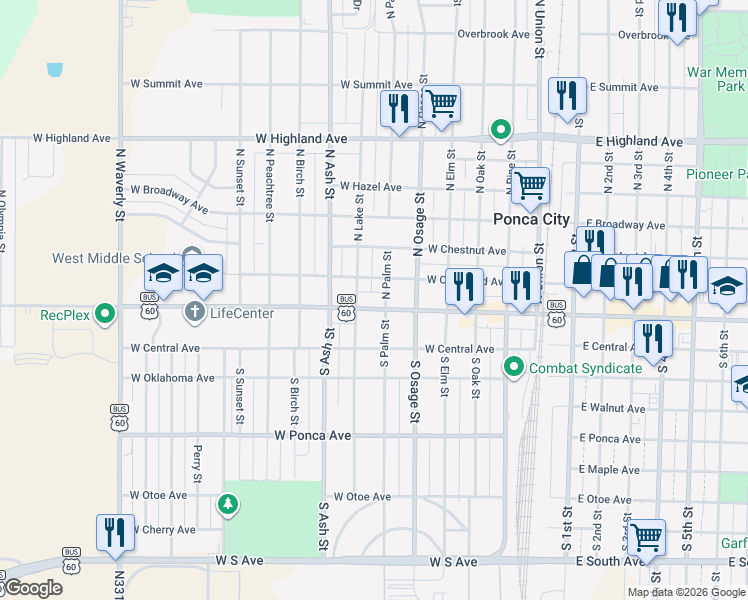 map of restaurants, bars, coffee shops, grocery stores, and more near 700 West Grand Avenue in Ponca City