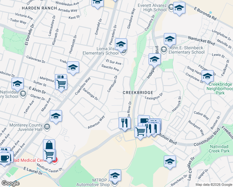 map of restaurants, bars, coffee shops, grocery stores, and more near 15 Stony Brook Circle in Salinas