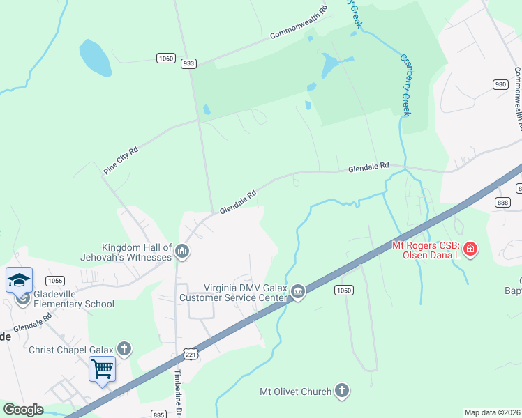 map of restaurants, bars, coffee shops, grocery stores, and more near 4048 Glendale Road in Galax