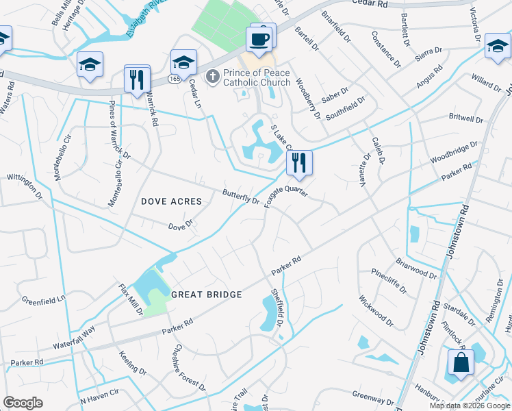 map of restaurants, bars, coffee shops, grocery stores, and more near 505 Butterfly Drive in Chesapeake