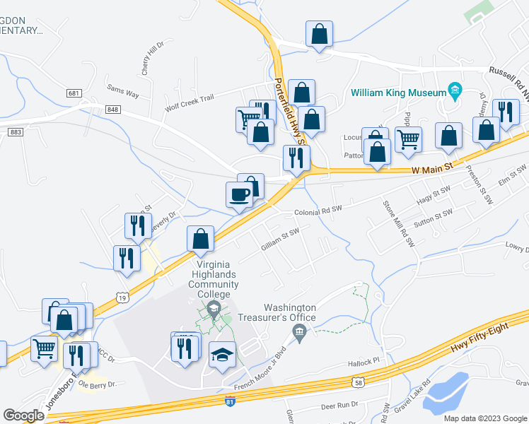 map of restaurants, bars, coffee shops, grocery stores, and more near 808 West Main Street in Abingdon