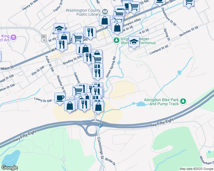 map of restaurants, bars, coffee shops, grocery stores, and more near 430 Plummer Street in Abingdon