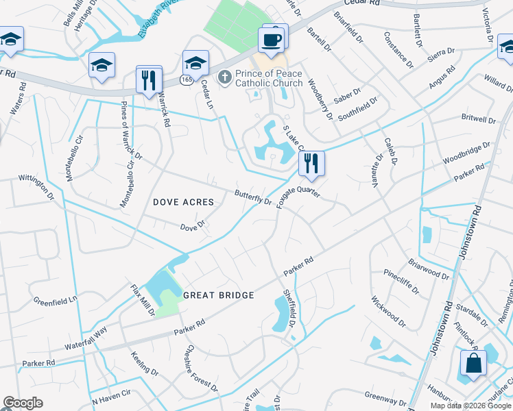 map of restaurants, bars, coffee shops, grocery stores, and more near 508 Butterfly Drive in Chesapeake