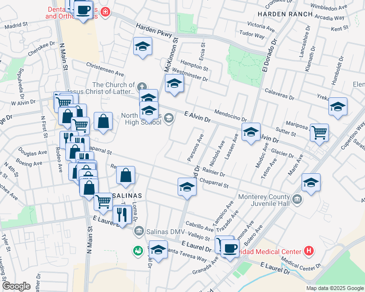 map of restaurants, bars, coffee shops, grocery stores, and more near 311 Block Avenue in Salinas