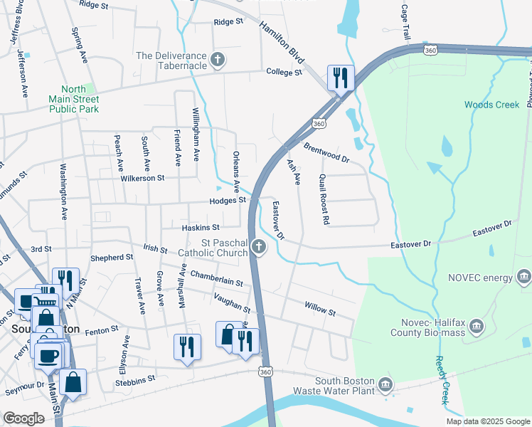 map of restaurants, bars, coffee shops, grocery stores, and more near 1919 Eastover Drive in South Boston