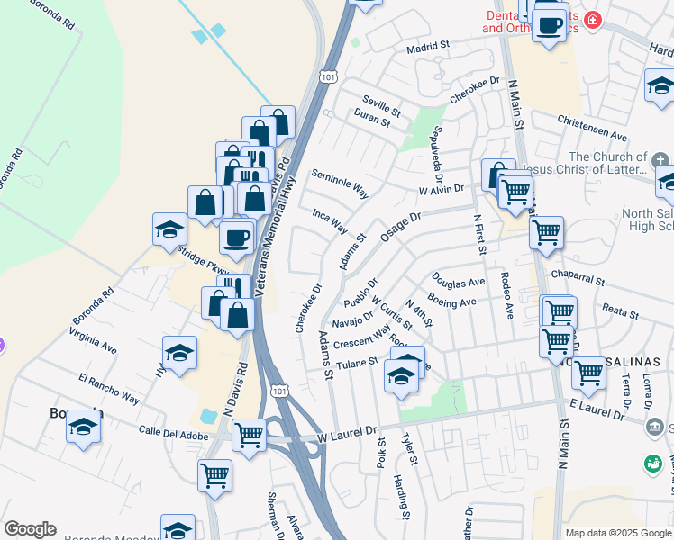 map of restaurants, bars, coffee shops, grocery stores, and more near 1457 Adams Street in Salinas
