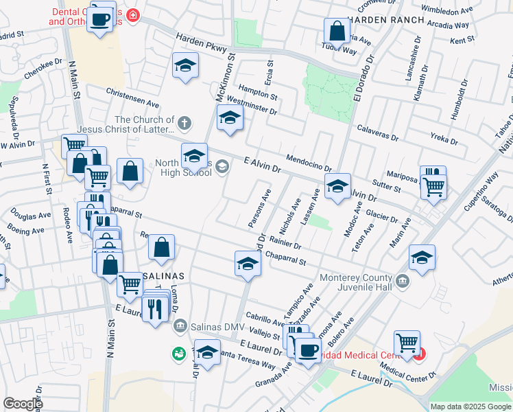 map of restaurants, bars, coffee shops, grocery stores, and more near 1443 Parsons Avenue in Salinas