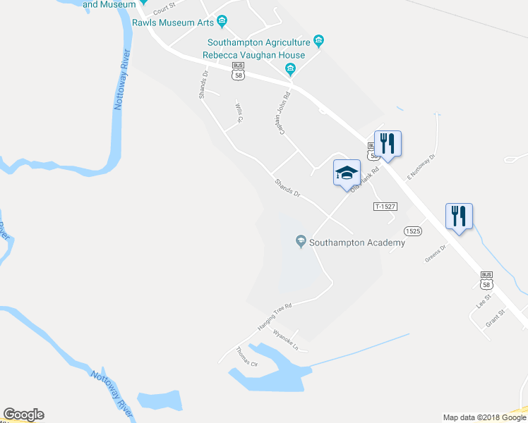 map of restaurants, bars, coffee shops, grocery stores, and more near 23160 Shands Drive in Courtland