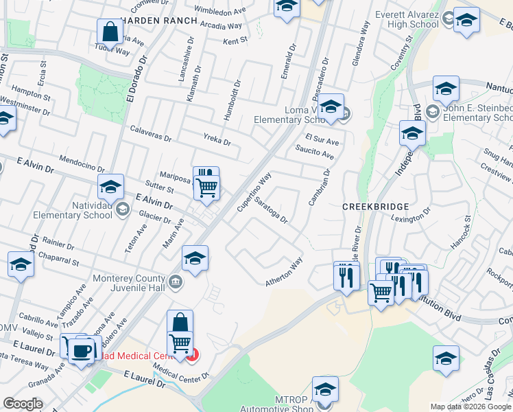 map of restaurants, bars, coffee shops, grocery stores, and more near 728 Saratoga Drive in Salinas