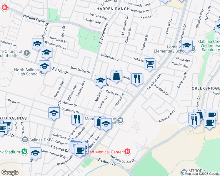 map of restaurants, bars, coffee shops, grocery stores, and more near 522 East Alvin Drive in Salinas