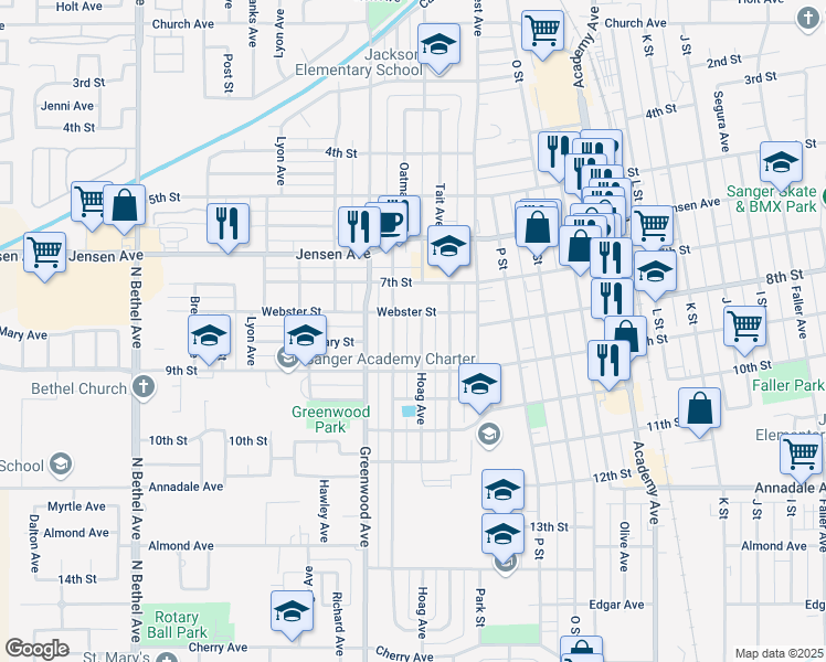 map of restaurants, bars, coffee shops, grocery stores, and more near 801 Hoag Avenue in Sanger
