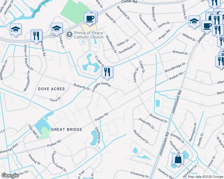 map of restaurants, bars, coffee shops, grocery stores, and more near 404 Southern Oaks Drive in Chesapeake