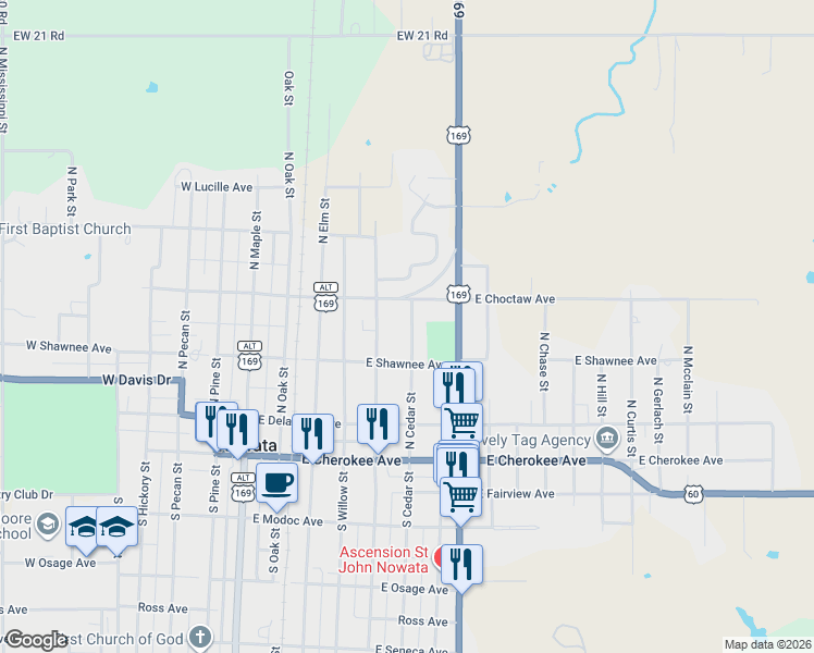 map of restaurants, bars, coffee shops, grocery stores, and more near 609 North Berrian Street in Nowata