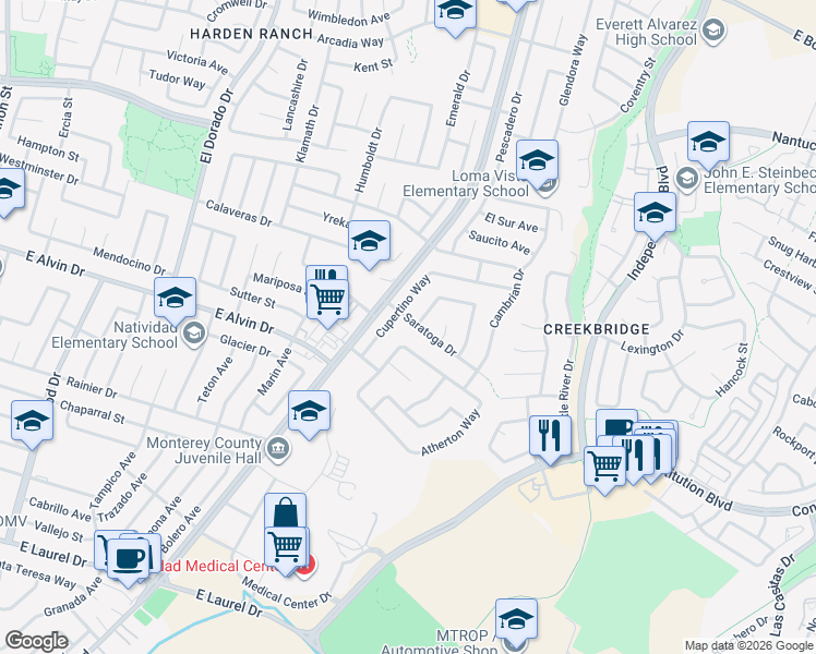 map of restaurants, bars, coffee shops, grocery stores, and more near 728 Saratoga Drive in Salinas