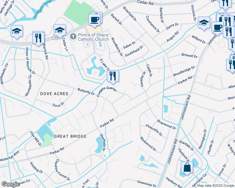 map of restaurants, bars, coffee shops, grocery stores, and more near 404 Southern Oaks Drive in Chesapeake