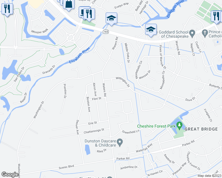 map of restaurants, bars, coffee shops, grocery stores, and more near 512 Drummond Lane in Chesapeake