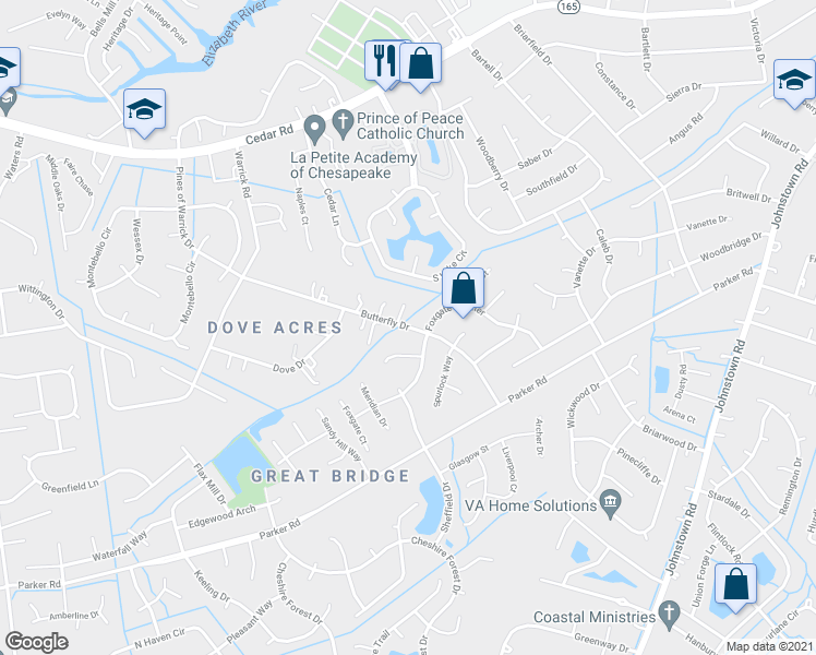 map of restaurants, bars, coffee shops, grocery stores, and more near 508 Butterfly Drive in Chesapeake