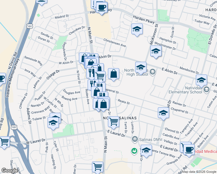 map of restaurants, bars, coffee shops, grocery stores, and more near 415 Noice Drive in Salinas