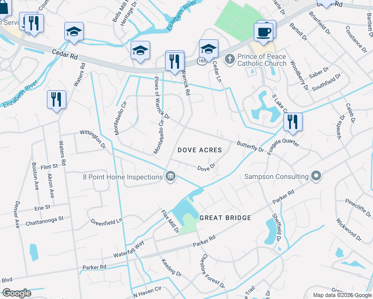 map of restaurants, bars, coffee shops, grocery stores, and more near 405 Warrick Road in Chesapeake