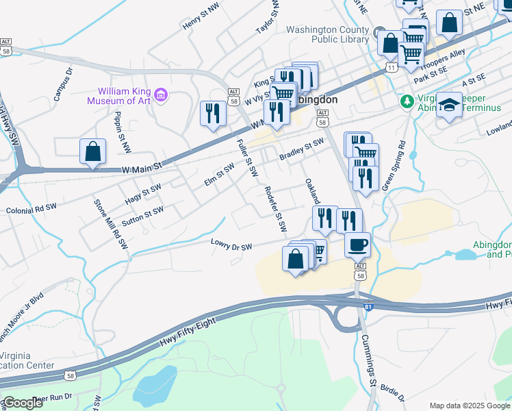 map of restaurants, bars, coffee shops, grocery stores, and more near 357 Jamison Street Southwest in Abingdon