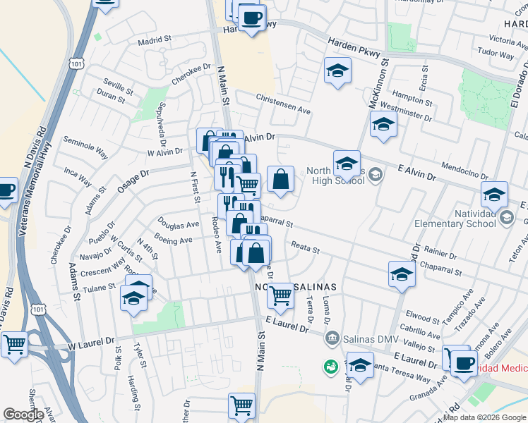 map of restaurants, bars, coffee shops, grocery stores, and more near 410 Noice Drive in Salinas