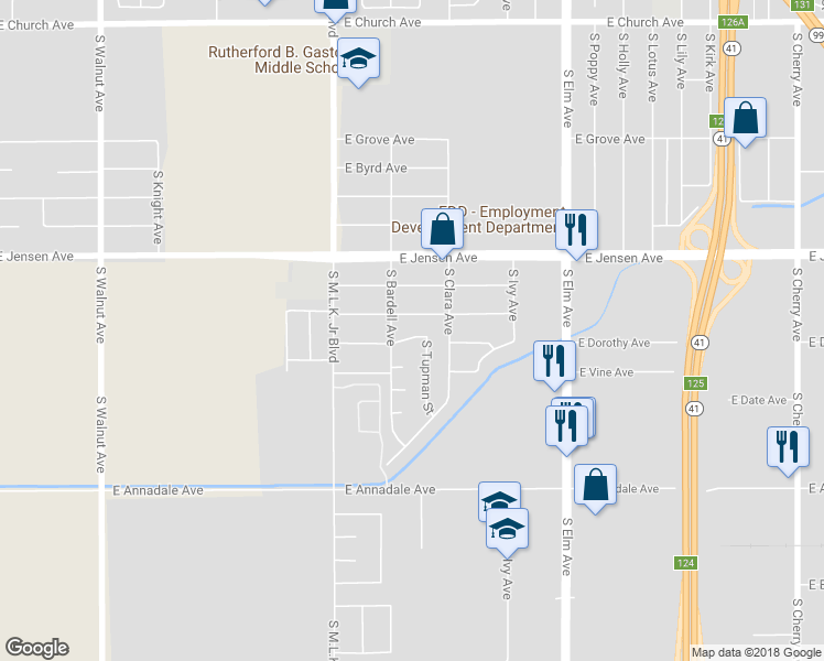 map of restaurants, bars, coffee shops, grocery stores, and more near 1135 East Dorothy Avenue in Fresno