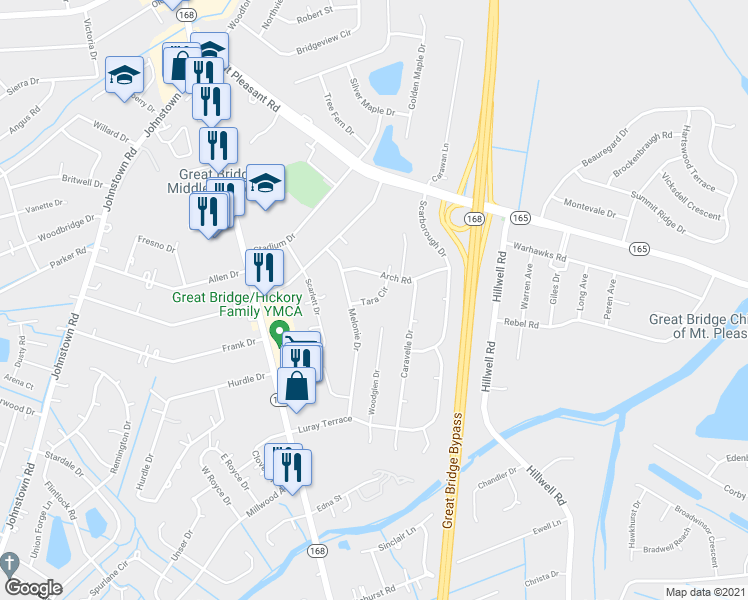 map of restaurants, bars, coffee shops, grocery stores, and more near 204 Tara Circle in Chesapeake