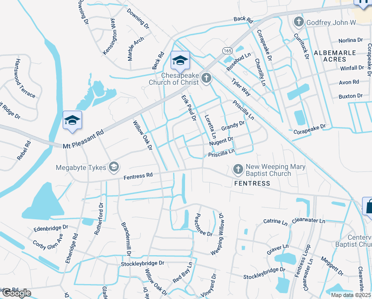 map of restaurants, bars, coffee shops, grocery stores, and more near 805 Nugent Drive in Chesapeake
