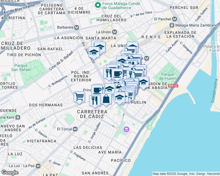 map of restaurants, bars, coffee shops, grocery stores, and more near 11 Paseo Marítimo in Torremolinos