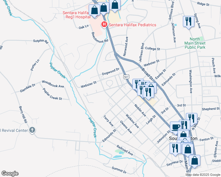 map of restaurants, bars, coffee shops, grocery stores, and more near 298 Poplar Creek St in South Boston