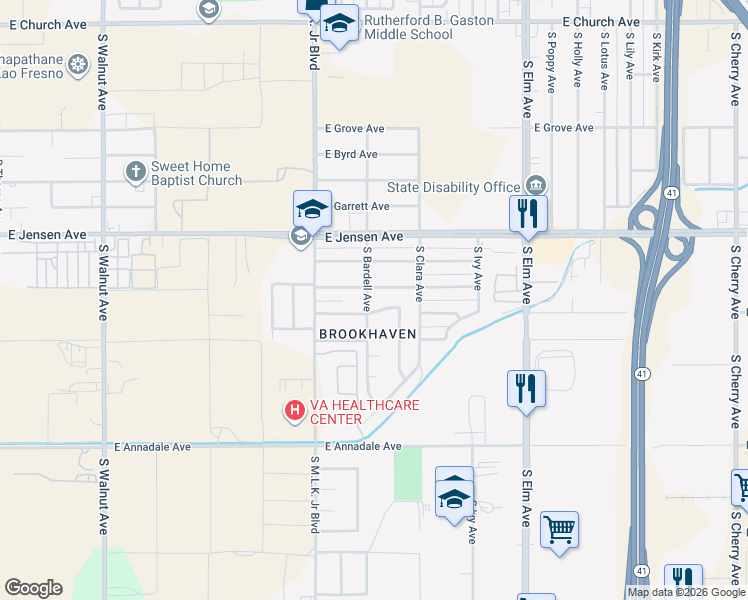 map of restaurants, bars, coffee shops, grocery stores, and more near 2655 South Bardell Avenue in Fresno