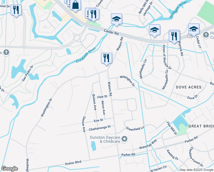 map of restaurants, bars, coffee shops, grocery stores, and more near 529 Waters Road in Chesapeake